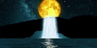 美丽的夜晚幻想山景，瀑布和满月