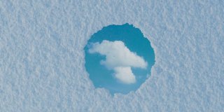 动画的圆形镜子反射路过的白云和周围的雪。平面布置的冬季风格概念