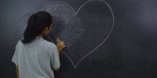 一个女人在黑板上画了一个心形符号