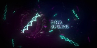 多重DNA螺旋在虚拟现实背景中飞舞。文本DNA螺旋的全息图投影在背景中。DNA螺旋在背景中创造遗传密码。动画。