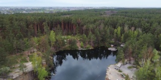 森林湖，春天陡峭的岩石海岸，鸟瞰图