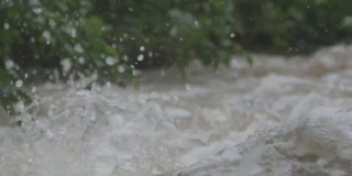 一场倾盆大雨过后，湍急的山河中溅满了泡沫和水花，跳过了岩石