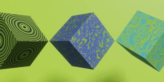 绿色背景上的动画多色立方体。现代抽象无缝循环3d动画