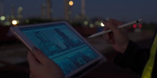 女主管使用具有未来现实技术的数码平板电脑在夜间检查石化工厂