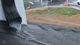 暴雨伴随着房子的屋顶，雨水顺着屋顶流下来视频素材模板下载
