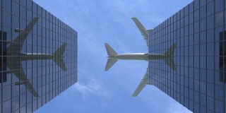 4k分辨率的视频:飞机飞在办公室摩天大楼对美丽的蓝天循环动画