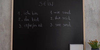 “Sein”动词的现在时(Präsens)写在黑板上