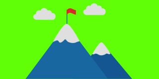 动画云朵和一面红旗在雪山顶上，冬季登山