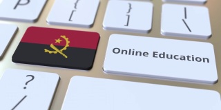电脑键盘上的按钮上有安哥拉的在线教育文字和国旗。现代专业培训相关概念3D动画