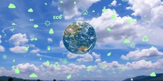 云天时间推移背景上的地球环境生态标志全息图。