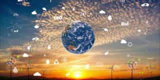 云天涡轮背景上的地球与环境生态标志全息图。