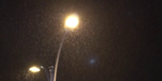 慢动作和散焦的街灯，当雨点在夜晚城市的道路上