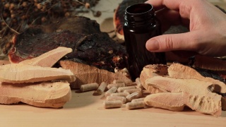 灵芝胶囊散落在一个黑色的瓶子与切片新鲜灵芝蘑菇视频素材模板下载
