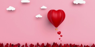 纸工艺情人节贺卡与大红色热气球在心脏形状与抽象金字塔在4K分辨率