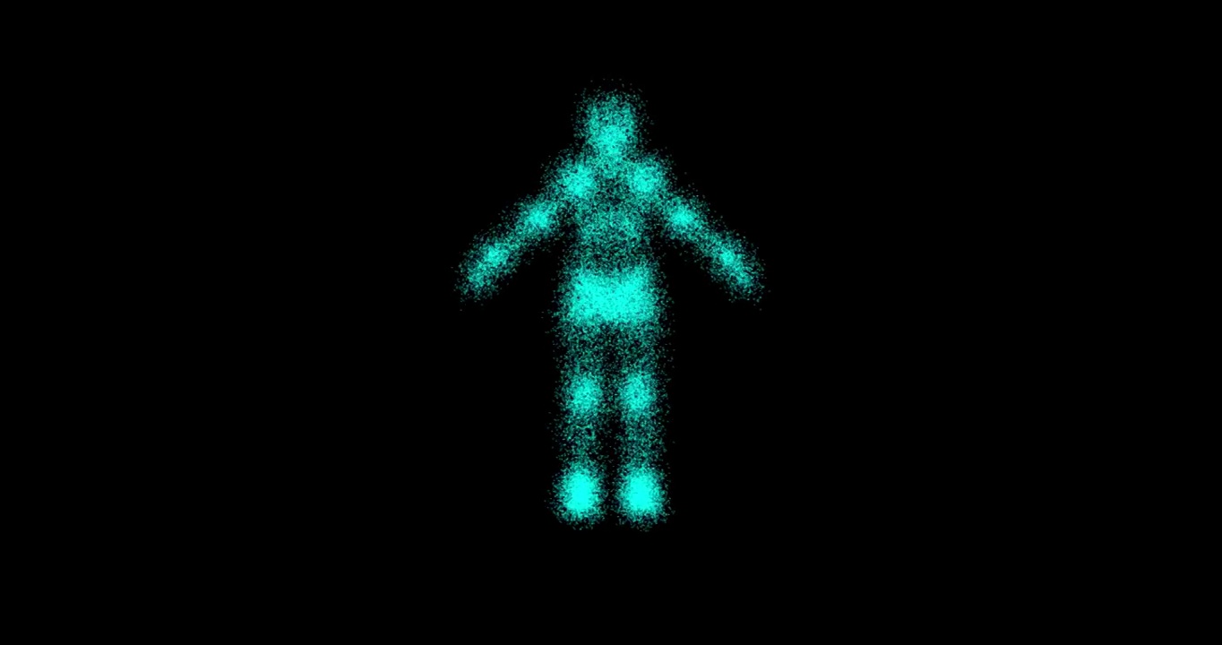 浑然天成的海蓝宝石霓虹人物形象，抽象技术背景由动画线、点、粒子组成。混合模式4K, FUI元素。抽象分子的几何背景