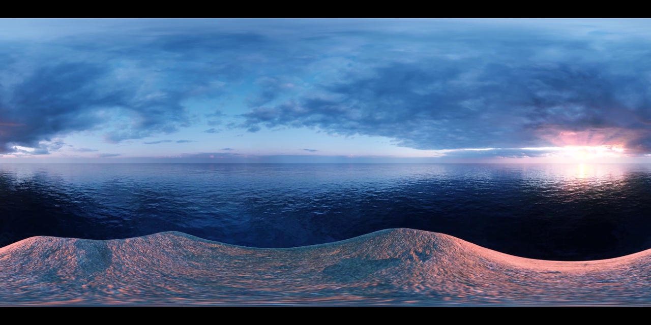 独自站在海洋中央的岩石上，看着周围的海浪，夕阳西下，美丽的光线反射在水面上，360度的VR体验
