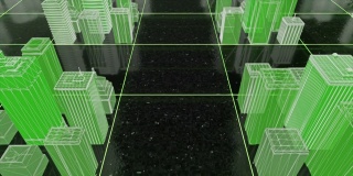 无缝循环三维城市线框绿色在黑色背景与白色星星。动画。抽象的方形表面上的霓虹灯建筑