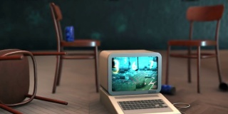 局域网聚会后的复古电脑80年代技术。3D视频4K超高清怀旧概念动画专注于旧PC显示器。