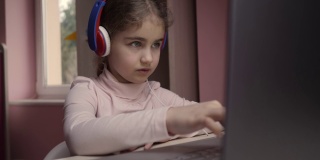 远程学习。一名女学生用笔记本电脑在线学习。学生戴耳机观看网络课程。未来的程序员学习编程。孩子玩电脑游戏。