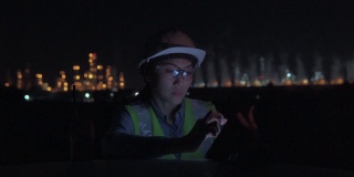 身着制服的女性主管在能源行业工作，晚上开车检查石化工厂。