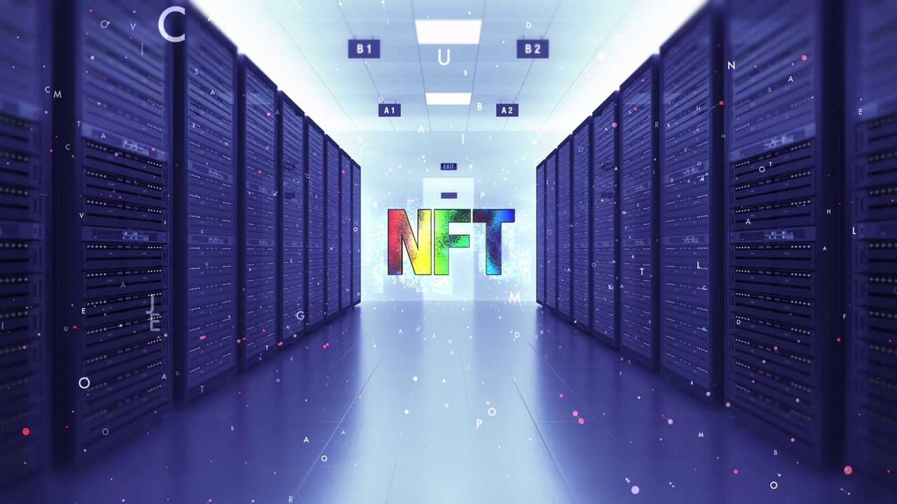 彩色NFT令牌艺术符号在未来的数据中心。