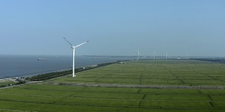 鸟瞰图，风力涡轮机和广阔的稻田在海滩上