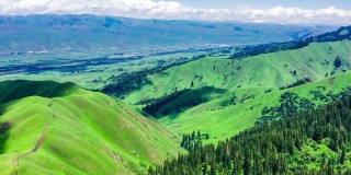 空中拍摄的新疆那拉提草原上的绿草和山。