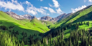 航拍新疆的绿色草原和夏季山脉