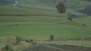 一辆马车在罗马尼亚的乡间缓缓前行视频素材模板下载