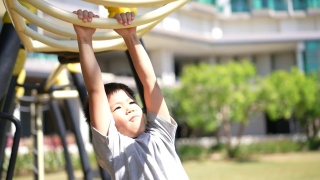 亚洲孩子在户外操场玩秋千和其他活动。户外学习与快乐的理念视频素材模板下载