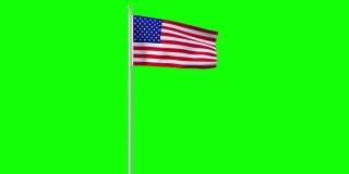 4k动画在美国绿彩之风中发展。美国的独立日。在风中挥舞的卡通美国国旗。风中飘扬的面料结构的美国国旗，带有alpha通道(半透明)。