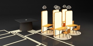 电子学习概念与智能手机和wi-fi标志与研究生帽，竞争大学入学考试在黑色背景的在线考试与led灯在地板上3d渲染动画循环