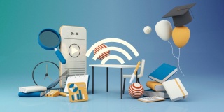 E-learning概念与智能手机wi-fi符号包围研究生帽，书籍，气球，尺子，统计图表，铅笔和放大镜在蓝色和黄色3d渲染动画循环