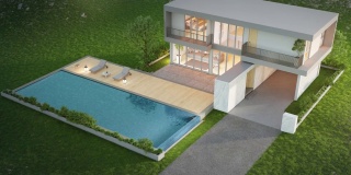 绿草如茵的草坪上带游泳池的豪宅是房地产销售或房地产投资的概念。