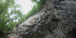 在直立的岩壁上的圆周运动，岩壁上生长着植被