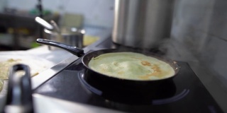 一个黄色的煎饼是在一个锅里煎或烤的，在油里放上特写镜头，让厨师的手把它翻过来。传统的东正教节日是忏悔节。