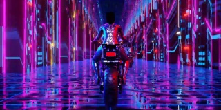 VJ循环动画的一个女孩骑着摩托车通过一个霓虹灯城市