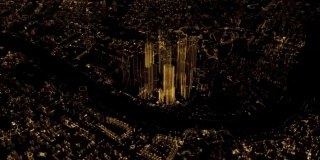 粒子的三维数字城市。4 k无缝循环。在一群摩天大楼周围飞行
