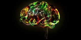 围绕着人工智能数字大脑旋转。大脑是由彩色粒子组成的