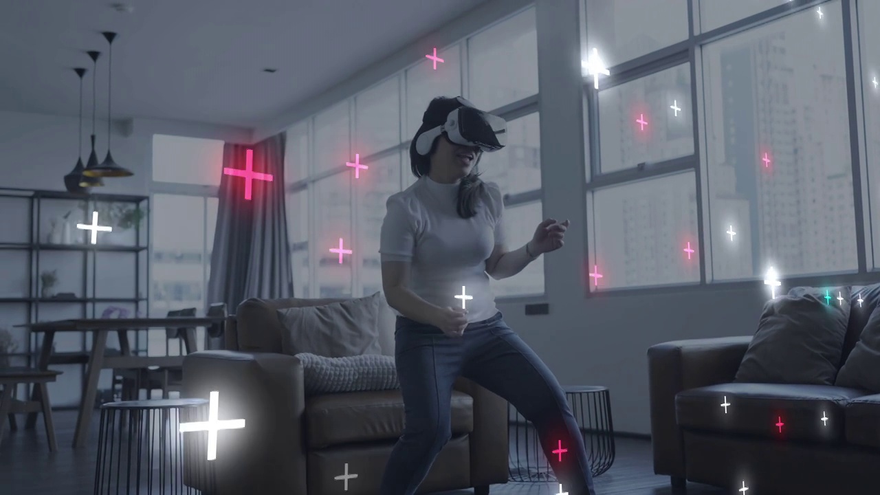 女人玩VR虚拟现实运动游戏元世界数字世界技术AR增强现实未来趣味派对活动