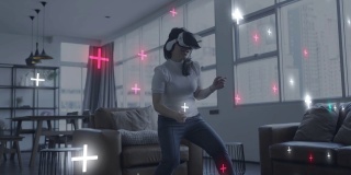 女人玩VR虚拟现实运动游戏元世界数字世界技术AR增强现实未来趣味派对活动