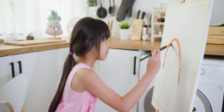 亚洲年轻快乐的小女孩在客厅的画板上画画。可爱的小朋友在家里学习如何用水彩画和毛笔画画，享受假期的创意活动。