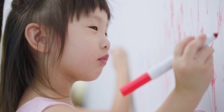 亚洲小女孩喜欢在客厅的白墙上作画。可爱的小朋友们在家里愉快地画画、涂色，享受着节日的创意活动。