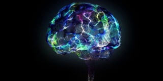 围绕着人工智能数字大脑旋转。大脑是由彩色粒子组成的
