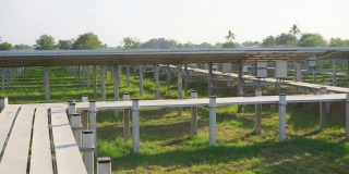 太阳能电池板农场，生产清洁电力，从地面下看阳光