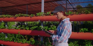 女学生植物学家正在现代农场实习，研究草莓的种植