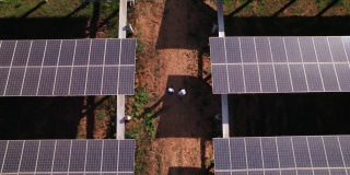 鸟瞰图，工程师和技术人员行走和检查太阳能电池板农场的影子，太阳能电池板，电力，太阳能产生的清洁能源