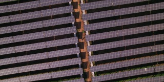 工程师和技术人员的鸟瞰图，检查和行走在小线之间的太阳能电池板，电力，清洁能源产生的太阳