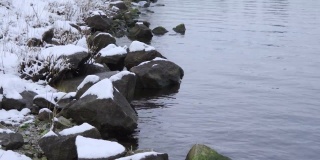 冬天河岸的岩石。大石头上有雪。