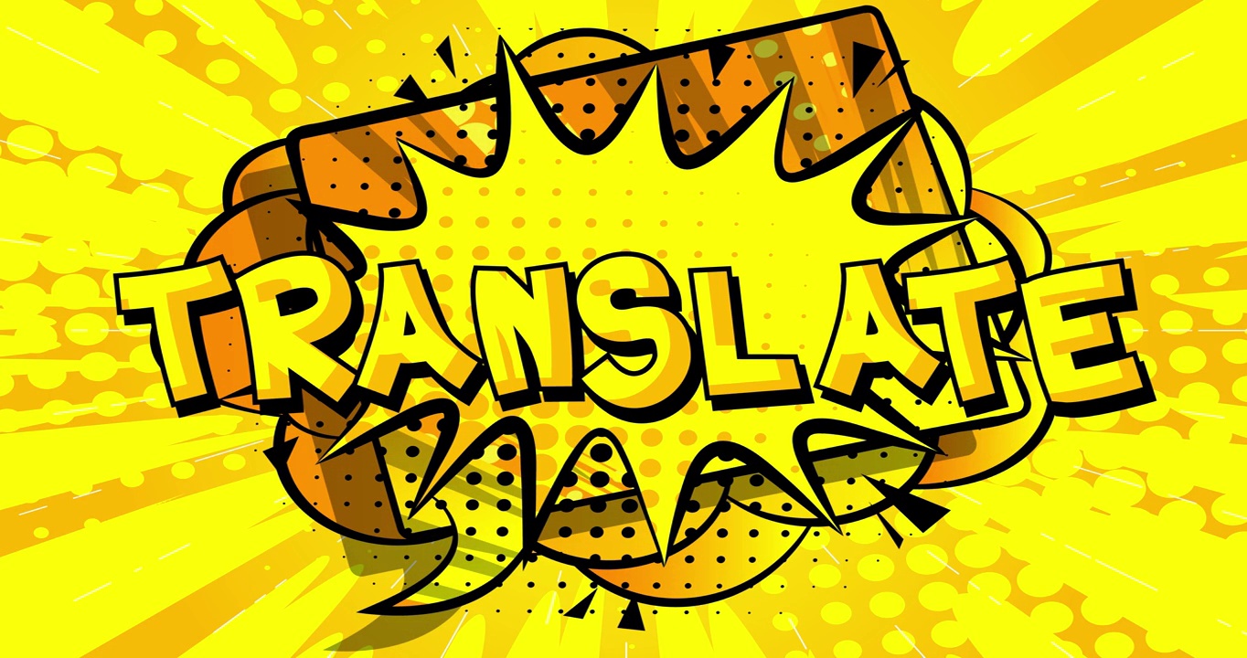 翻译。运动的海报。4k动画漫画单词。翻译，翻译员，学习外语概念。